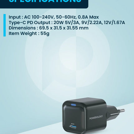 Presenting the Powerology Ultra-Compact 20W Gan PD Charger, a stylish black device designed specifically for EU outlets that combines speed and safety