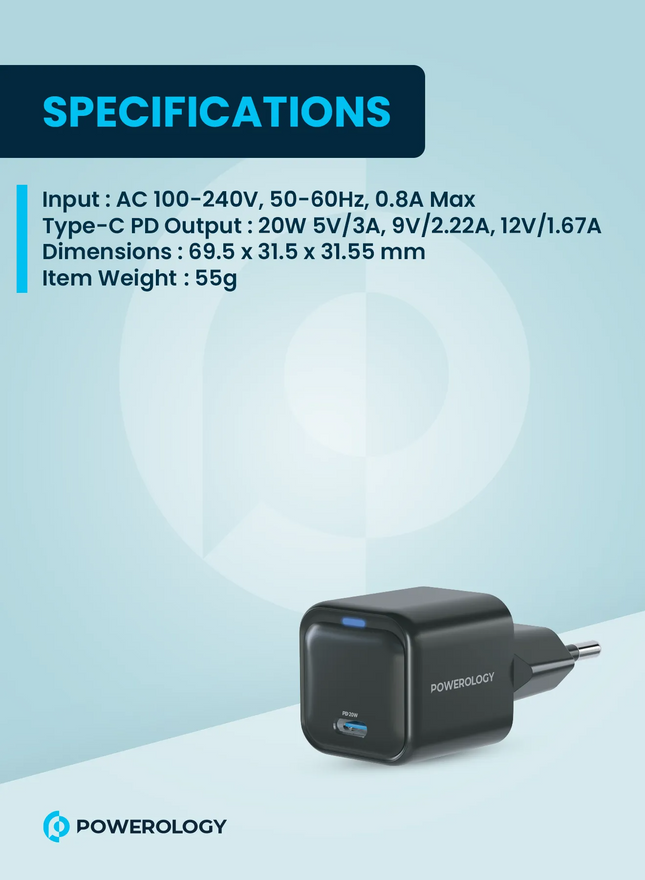 Presenting the Powerology Ultra-Compact 20W Gan PD Charger, a stylish black device designed specifically for EU outlets that combines speed and safety