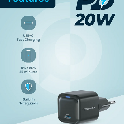 Presenting the Powerology Ultra-Compact 20W Gan PD Charger, a stylish black device designed specifically for EU outlets that combines speed and safety