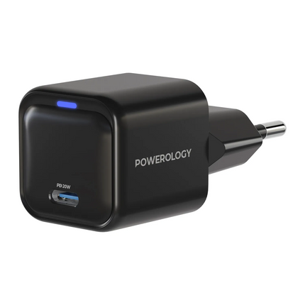 Presenting the Powerology Ultra-Compact 20W Gan PD Charger, a stylish black device designed specifically for EU outlets that combines speed and safety
