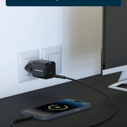 Presenting the Powerology Ultra-Compact 20W Gan PD Charger, a stylish black device designed specifically for EU outlets that combines speed and safety