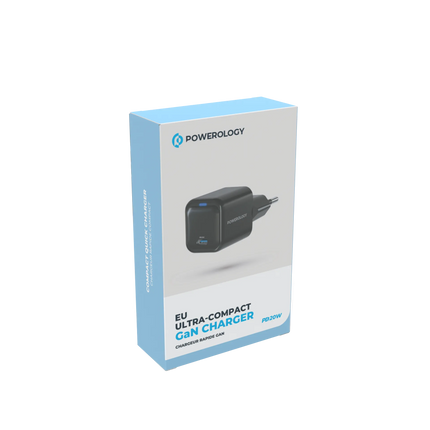 Presenting the Powerology Ultra-Compact 20W Gan PD Charger, a stylish black device designed specifically for EU outlets that combines speed and safety