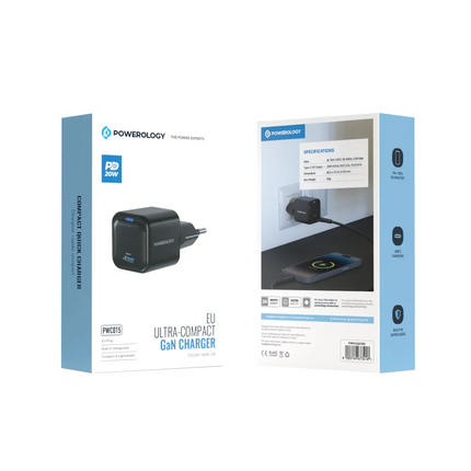 Presenting the Powerology Ultra-Compact 20W Gan PD Charger, a stylish black device designed specifically for EU outlets that combines speed and safety