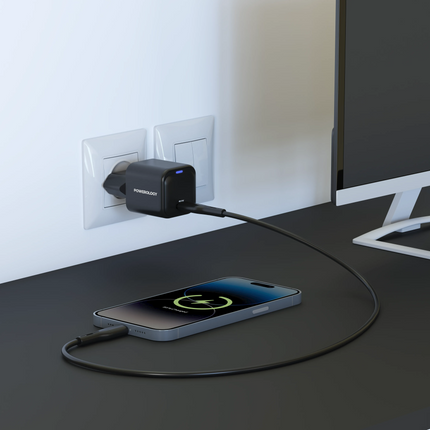 Presenting the Powerology Ultra-Compact 20W Gan PD Charger, a stylish black device designed specifically for EU outlets that combines speed and safety
