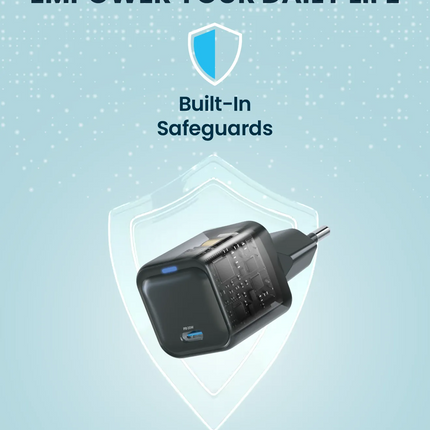 Presenting the Powerology Ultra-Compact 20W Gan PD Charger, a stylish black device designed specifically for EU outlets that combines speed and safety