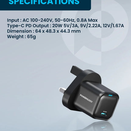 Powereology 20W Single USB-C PD Charger – Black (UK Plug)