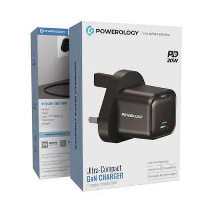 Powereology 20W Single USB-C PD Charger – Black (UK Plug)