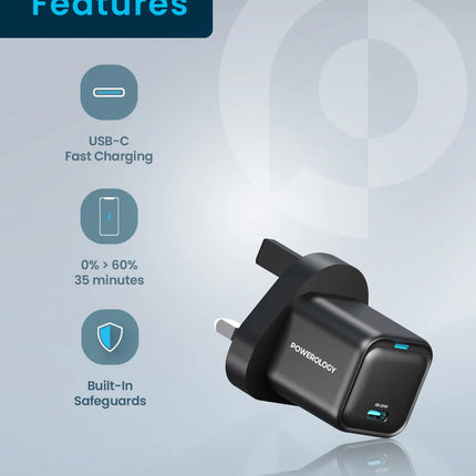 Powereology 20W Single USB-C PD Charger – Black (UK Plug)