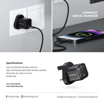 Powereology 20W Single USB-C PD Charger – Black (UK Plug)