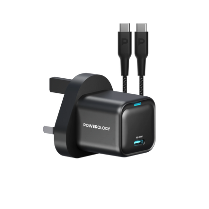 Powereology 20W Single USB-C PD Charger – Black (UK Plug) with 60W USB-C to USB-C Cable