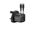 Powereology 20W Single USB-C PD Charger – Black (UK Plug) with 60W USB-C to USB-C Cable
