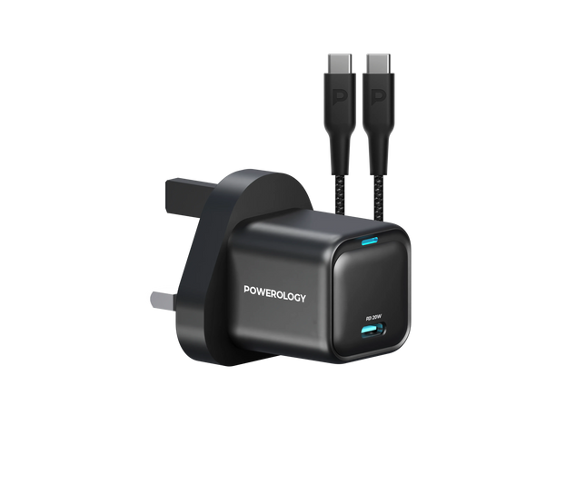 Powereology 20W Single USB-C PD Charger – Black (UK Plug) with 60W USB-C to USB-C Cable