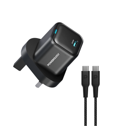 Powereology 20W Single USB-C PD Charger – Black (UK Plug) with 60W USB-C to USB-C Cable