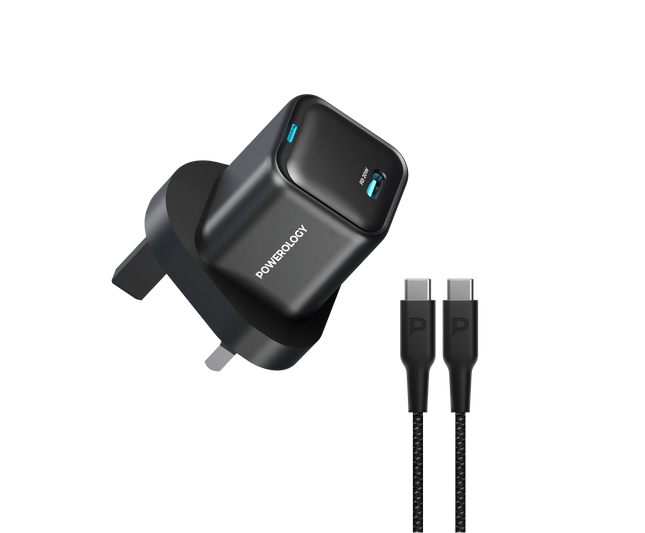 Powereology 20W Single USB-C PD Charger – Black (UK Plug) with 60W USB-C to USB-C Cable