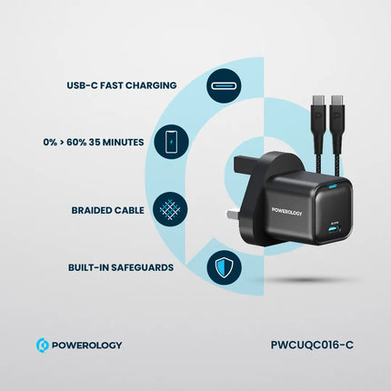 Powereology 20W Single USB-C PD Charger – Black (UK Plug) with 60W USB-C to USB-C Cable