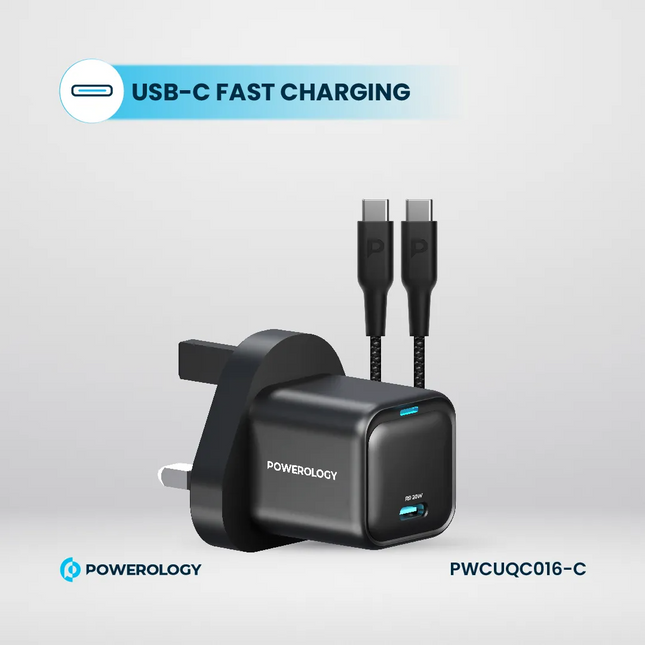 The Powerology 20W Single C Port PD Charger is designed for fast and efficient charging. Paired with a Type C to C 60W cable, it delivers up to 20W of