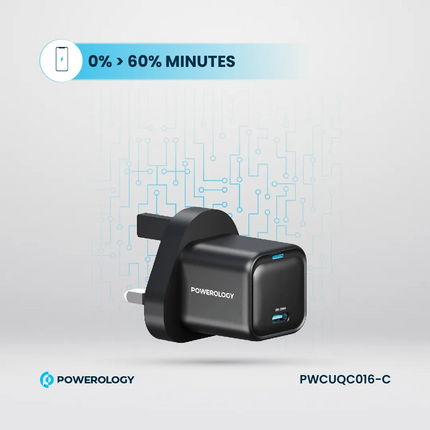 The Powerology 20W Single C Port PD Charger is designed for fast and efficient charging. Paired with a Type C to C 60W cable, it delivers up to 20W of