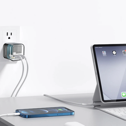 Powerology Crystalline Series Dual PD GaN Charger is a super-compact charger with transparent design which gives you the possibility to fast charge 2 