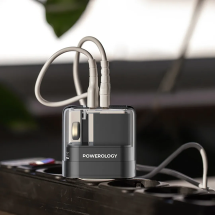 Powerology Crystalline Series Dual PD GaN Charger is a super-compact charger with transparent design which gives you the possibility to fast charge 2 