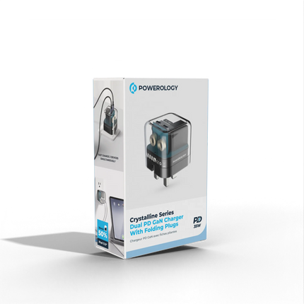 Powerology Crystalline Series Dual PD GaN Charger is a super-compact charger with transparent design which gives you the possibility to fast charge 2 