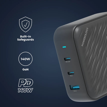 Powerology 140W PD QC 2xUSB-C and 1xUSB-A GaN Charger UK - Black