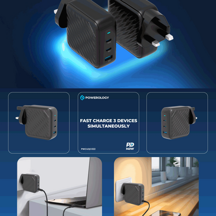​
Powerology 140w Dual PD GaN Charger is a really powerful charger and a brilliant choice for professionals with energy-intensive devices. This charge