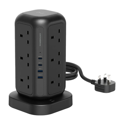 Powerology 12 AC Sockets GaN Tower Hub will efficiently power your devices. This hub offers plenty of space for charging many devices at once, with 12