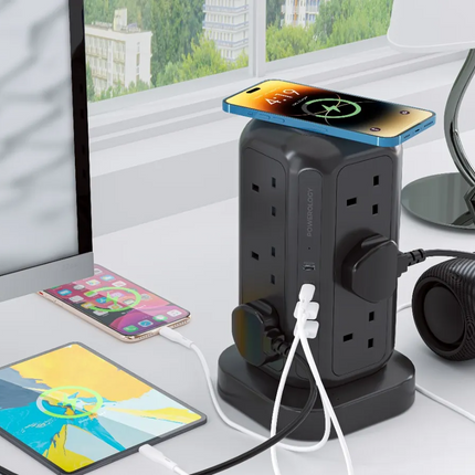 Powerology 12 AC Sockets GaN Tower Hub will efficiently power your devices. This hub offers plenty of space for charging many devices at once, with 12