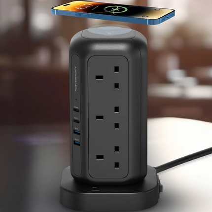 Powerology 12 AC Sockets GaN Tower Hub will efficiently power your devices. This hub offers plenty of space for charging many devices at once, with 12