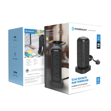 Powerology 12 AC Sockets GaN Tower Hub will efficiently power your devices. This hub offers plenty of space for charging many devices at once, with 12