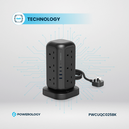 Powerology 12 AC Sockets GaN Tower Hub will efficiently power your devices. This hub offers plenty of space for charging many devices at once, with 12