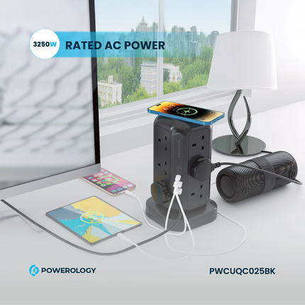 Powerology 12 AC Sockets GaN Tower Hub will efficiently power your devices. This hub offers plenty of space for charging many devices at once, with 12