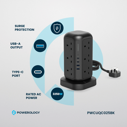 Powerology 12 AC Sockets GaN Tower Hub will efficiently power your devices. This hub offers plenty of space for charging many devices at once, with 12