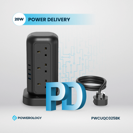 Powerology 12 AC Sockets GaN Tower Hub will efficiently power your devices. This hub offers plenty of space for charging many devices at once, with 12