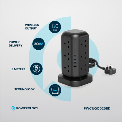 Powerology 12 AC Sockets GaN Tower Hub will efficiently power your devices. This hub offers plenty of space for charging many devices at once, with 12