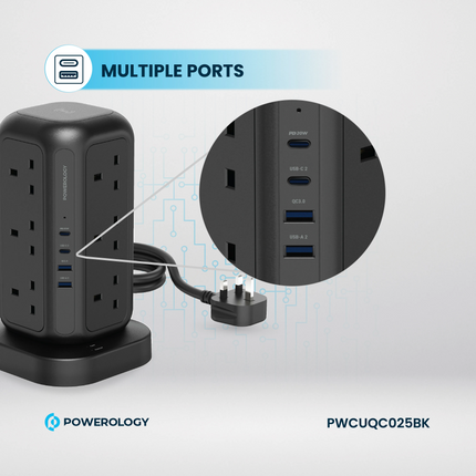 Powerology 12 AC Sockets GaN Tower Hub will efficiently power your devices. This hub offers plenty of space for charging many devices at once, with 12