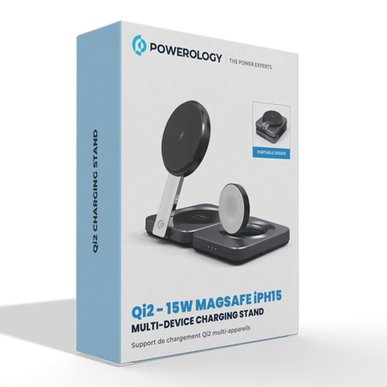 Level up your charging experience with the Powerology Qi2–15W MagSafe iPH15 multi-device charging stand in black. Its smart design and modern technolo