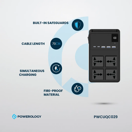 The Powerology 2500W 4 AC Power Strip with Built-In Cables is the perfect multi-purpose power solution. This product is designed to withstand all inpu