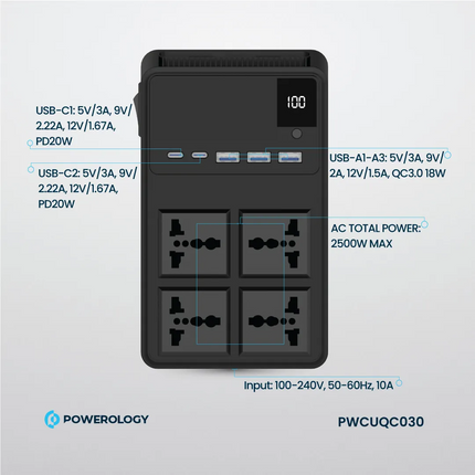 The Powerology 2500W 4 AC Power Strip with Built-In Cables is the perfect multi-purpose power solution. This product is designed to withstand all inpu