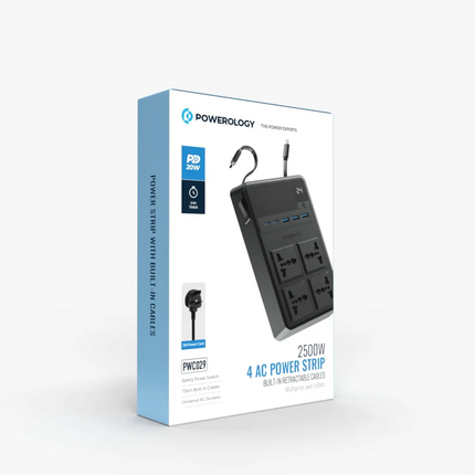 The Powerology 2500W 4 AC Power Strip with Built-In Cables is the perfect multi-purpose power solution. This product is designed to withstand all inpu