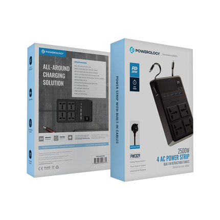 The Powerology 2500W 4 AC Power Strip with Built-In Cables is the perfect multi-purpose power solution. This product is designed to withstand all inpu