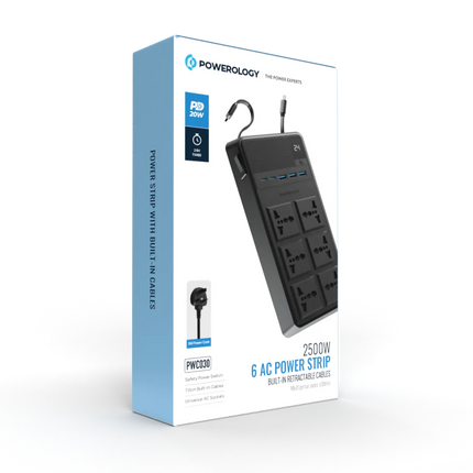 The Powerology 2500W 6AC Power Strip with Built-In Retractable Cables - Black is the most versatile tool for charging and powering devices in a home o
