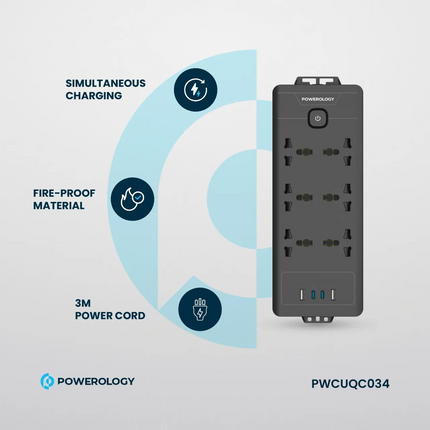 The Powerology 6AC 2500W Power Strip is a universal and high-speed charging strip that can accommodate all your power needs. It has a universal input 