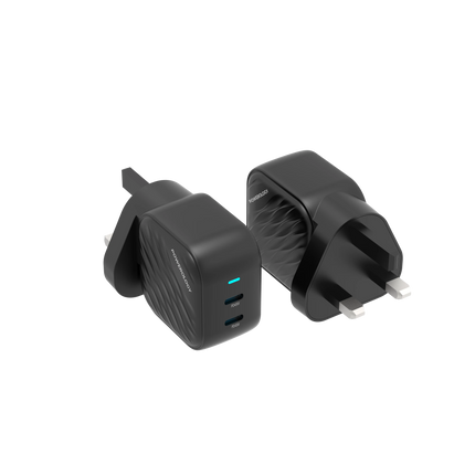 Powerology GaN Dual-USB-C Wall Charger: quick and safe charging of your devices that is super compact. With a standard 100-240V rated voltage and freq