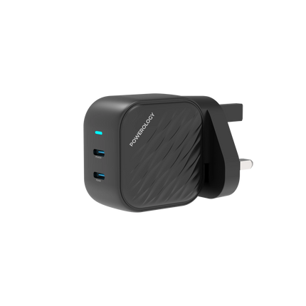 Powerology GaN Dual-USB-C Wall Charger: quick and safe charging of your devices that is super compact. With a standard 100-240V rated voltage and freq