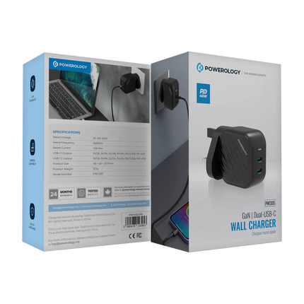 Powerology GaN Dual-USB-C Wall Charger: quick and safe charging of your devices that is super compact. With a standard 100-240V rated voltage and freq