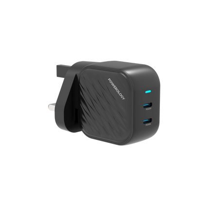 Powerology GaN Dual-USB-C Wall Charger: quick and safe charging of your devices that is super compact. With a standard 100-240V rated voltage and freq