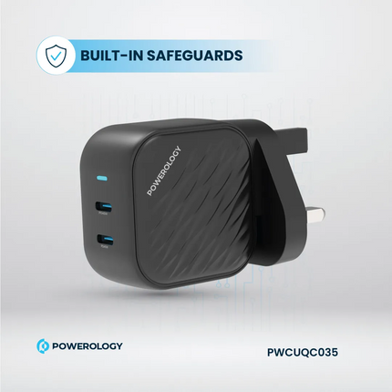 Powerology GaN Dual-USB-C Wall Charger: quick and safe charging of your devices that is super compact. With a standard 100-240V rated voltage and freq