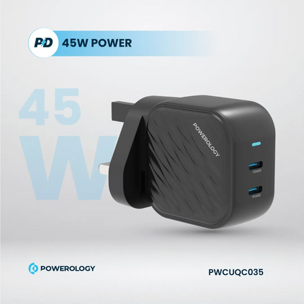Powerology GaN Dual-USB-C Wall Charger: quick and safe charging of your devices that is super compact. With a standard 100-240V rated voltage and freq