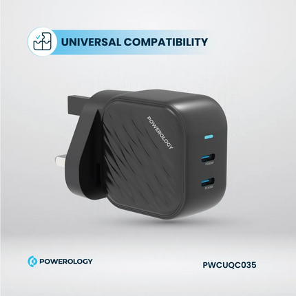 Powerology GaN Dual-USB-C Wall Charger: quick and safe charging of your devices that is super compact. With a standard 100-240V rated voltage and freq